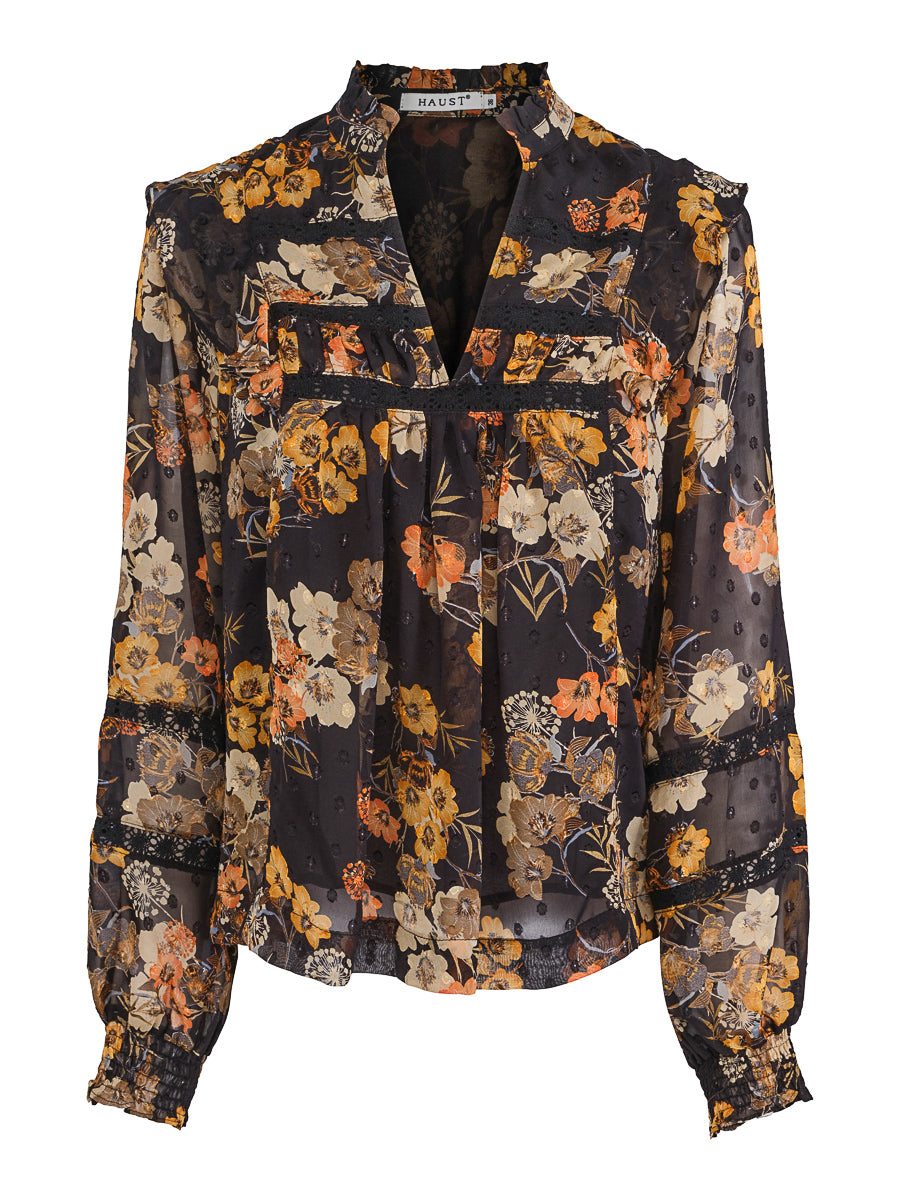 Detailed ribbon blouse Dotted Black-Flower