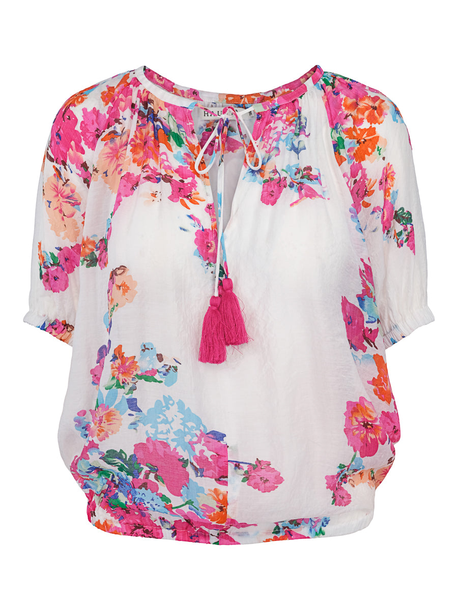 Elastic tassel blouse Pink-Flower