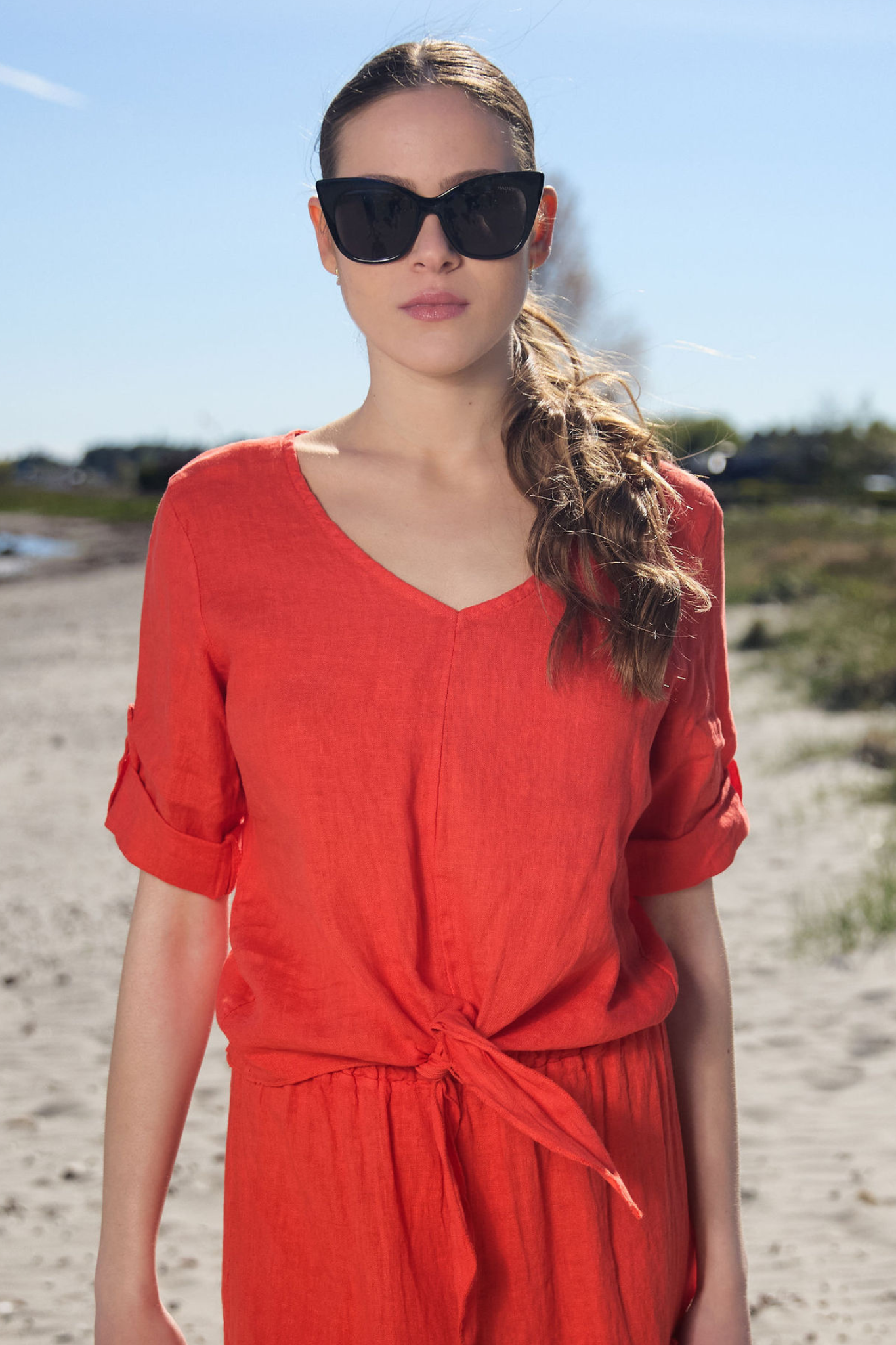 V-neck tie blouse Oransje