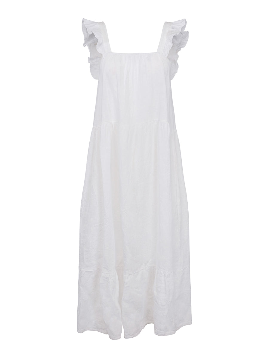 Long tie detailed linen dress White