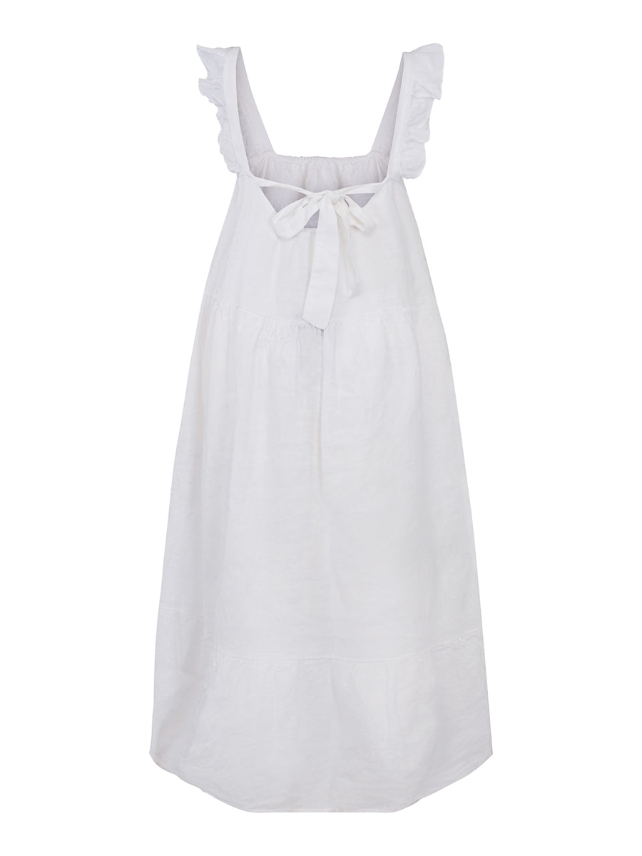 Long tie detailed linen dress White