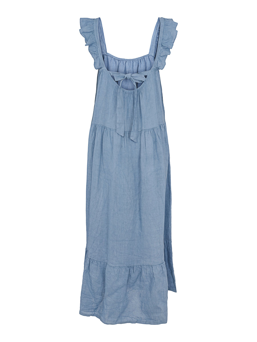 Long tie detailed linen dress Jeans Blue