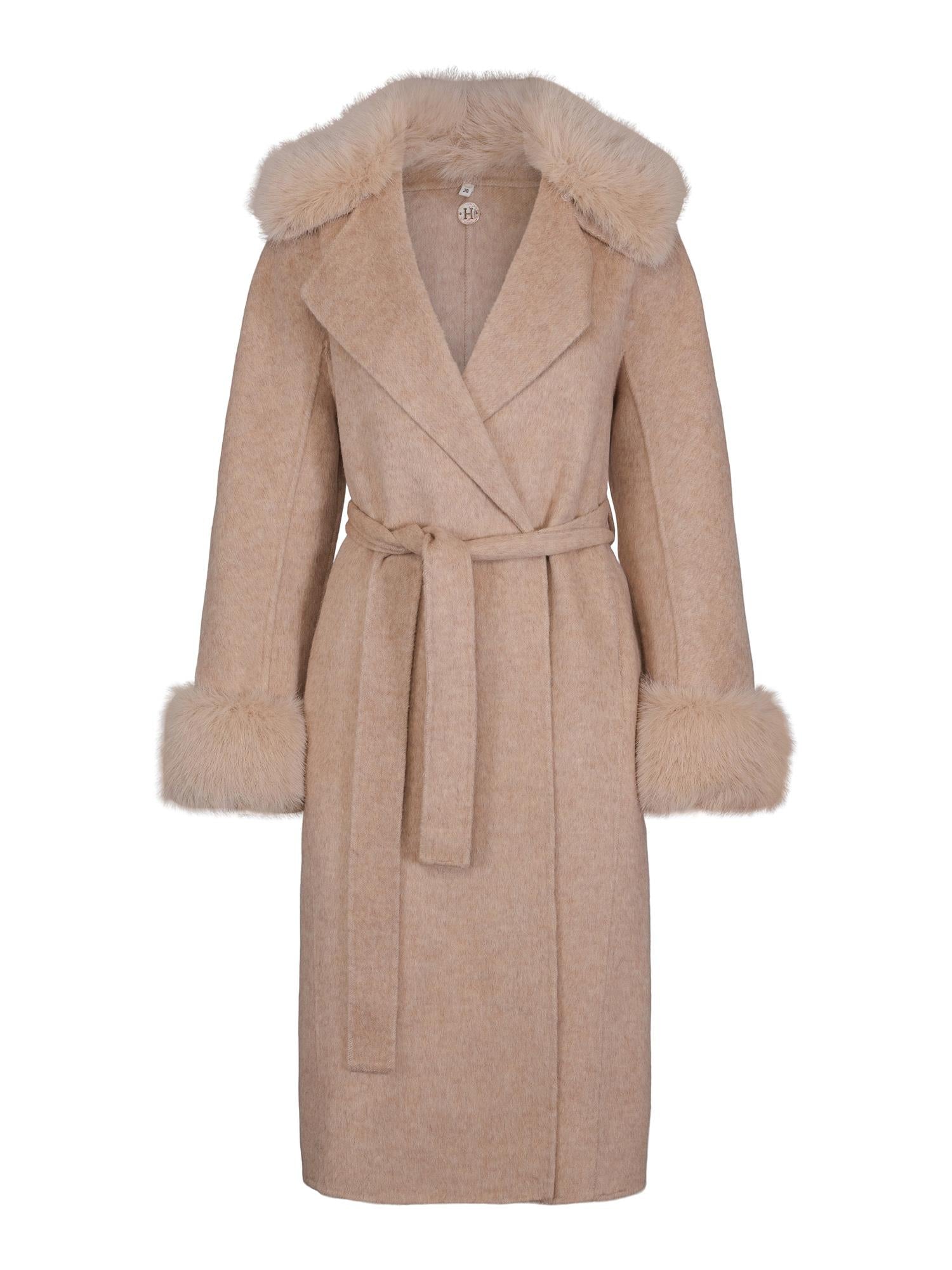 Fab wool coat w/faux fur Sand melert