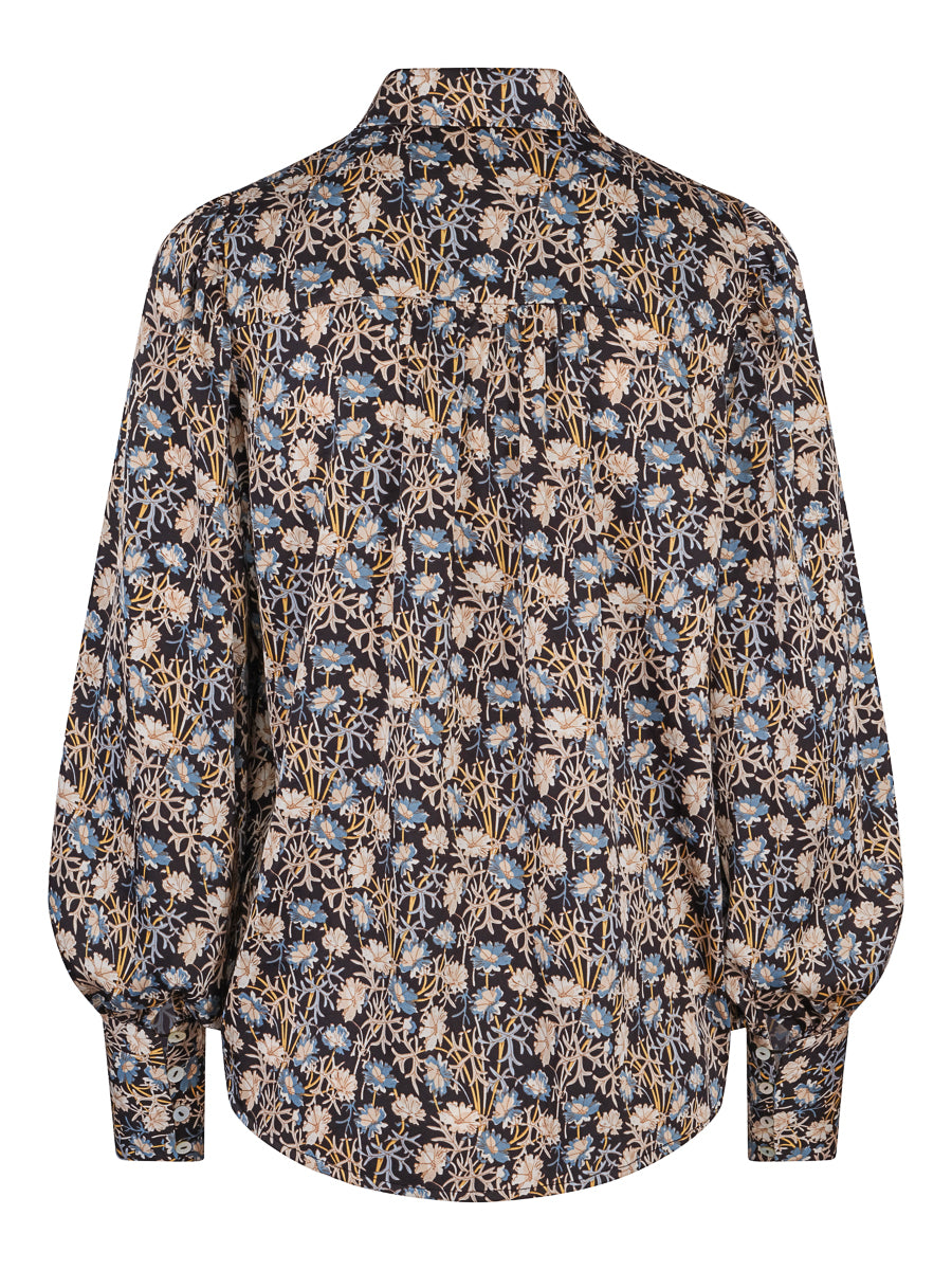 Flower satin blouse Blue-Flower