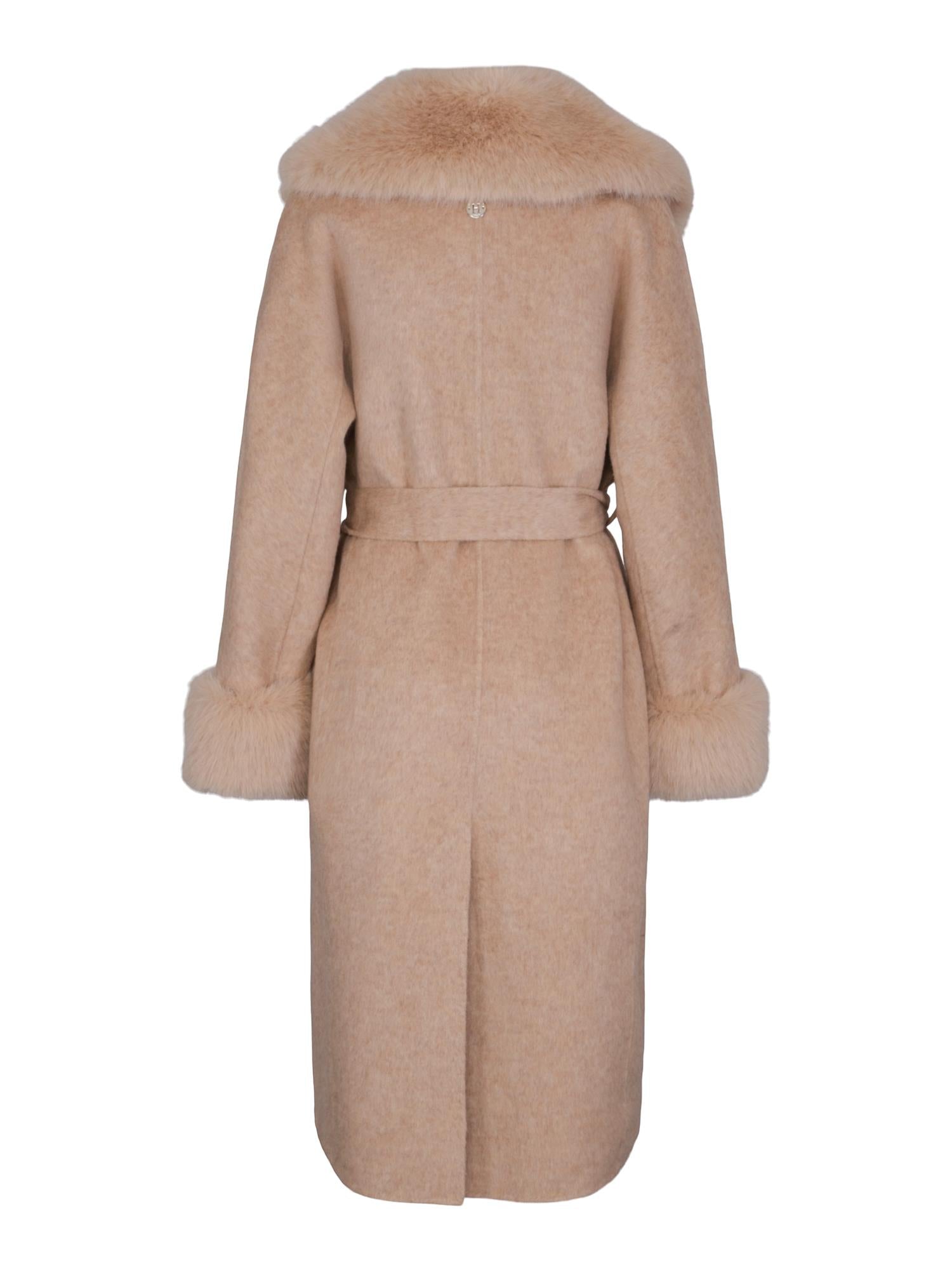 Fab wool coat w/faux fur Sand melert