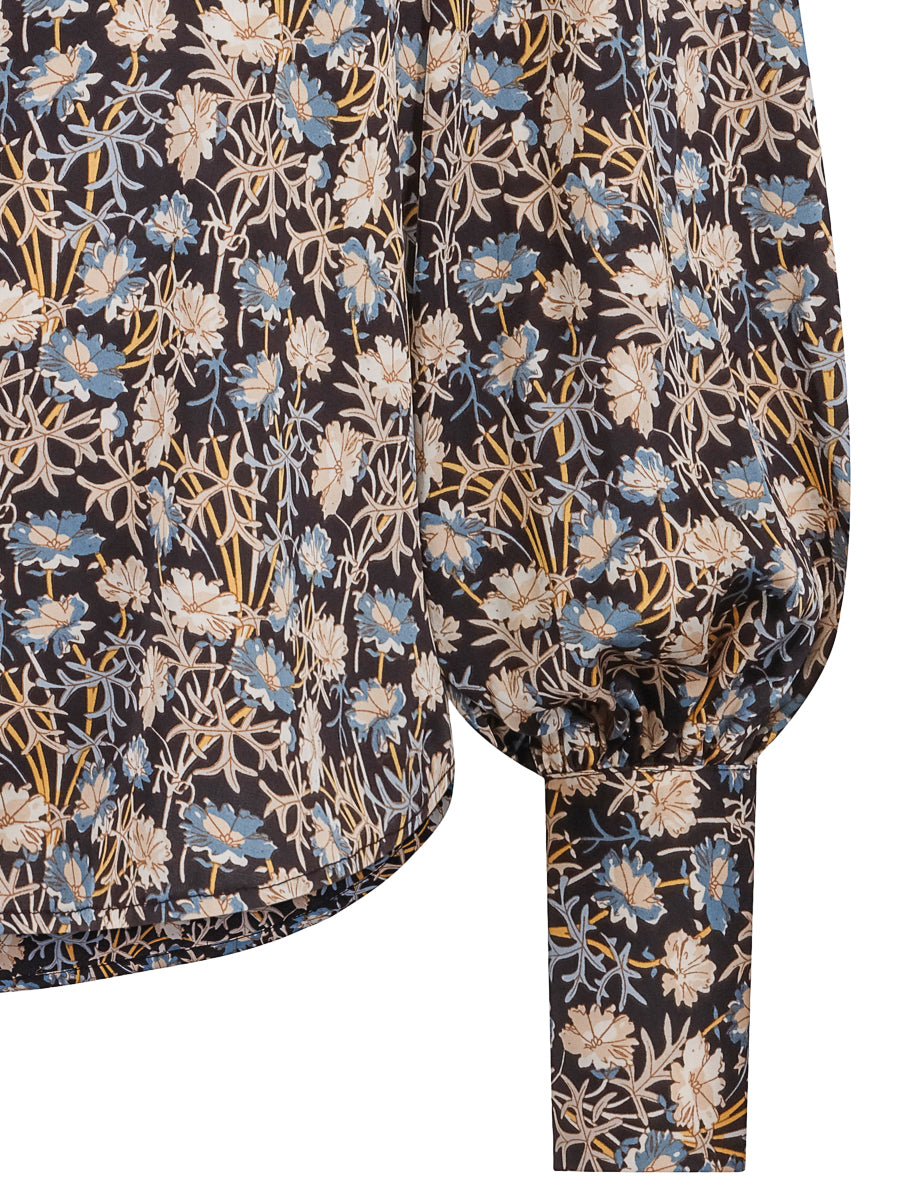 Flower satin blouse Blue-Flower