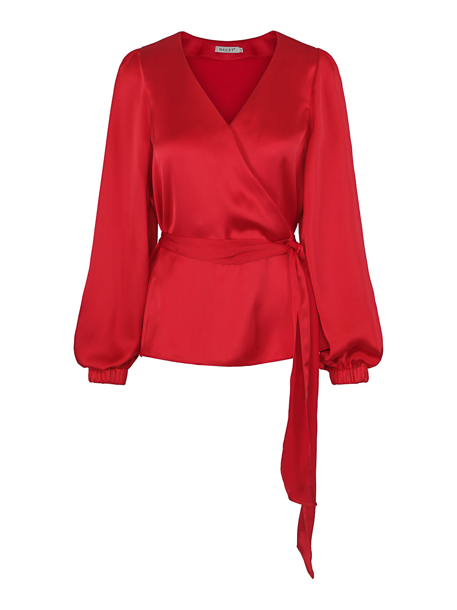 Satin belt blouse Red