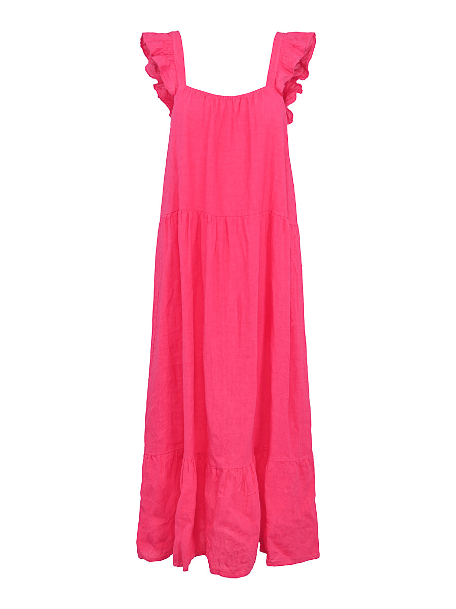 Long tie detailed linen dress Cerise