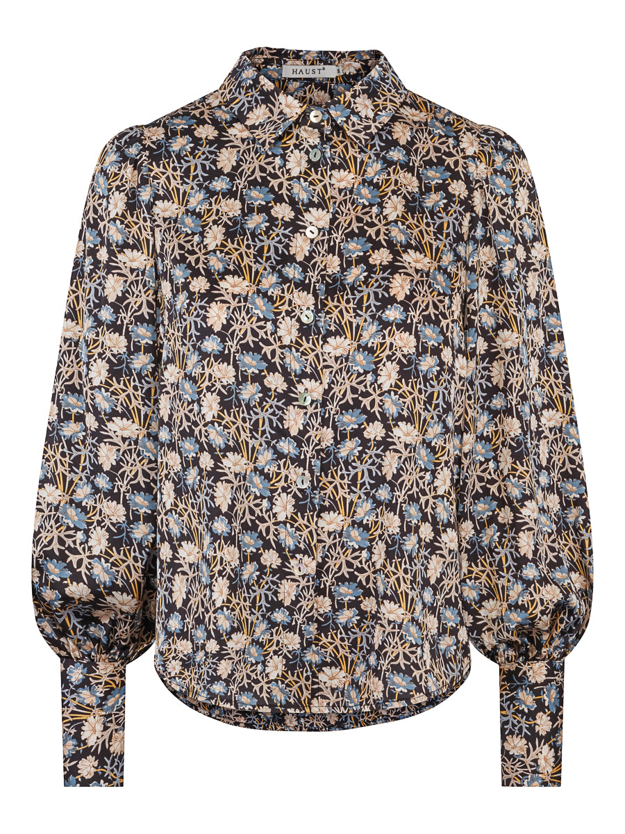 Flower satin blouse Blue-Flower
