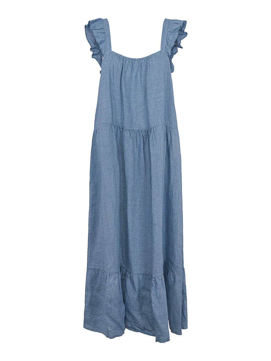 Long tie detailed linen dress Jeans Blue