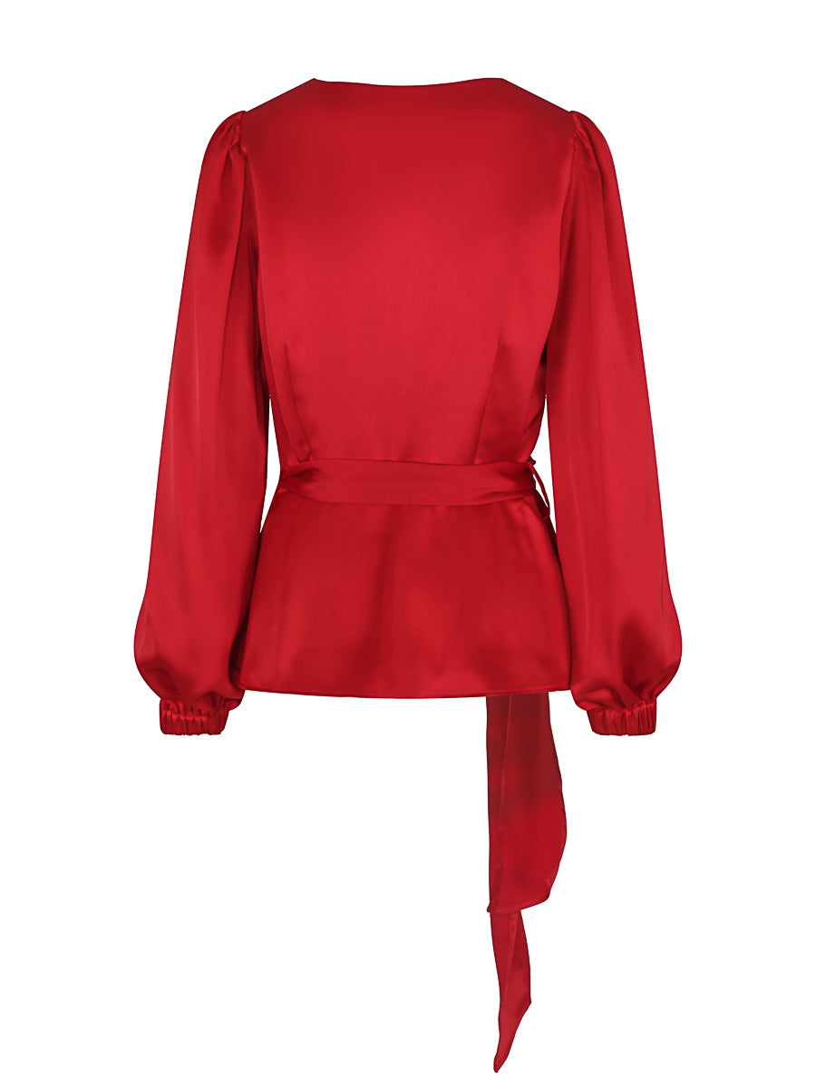 Satin belt blouse Red