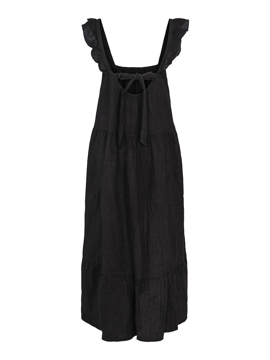 Long tie detailed linen dress Black