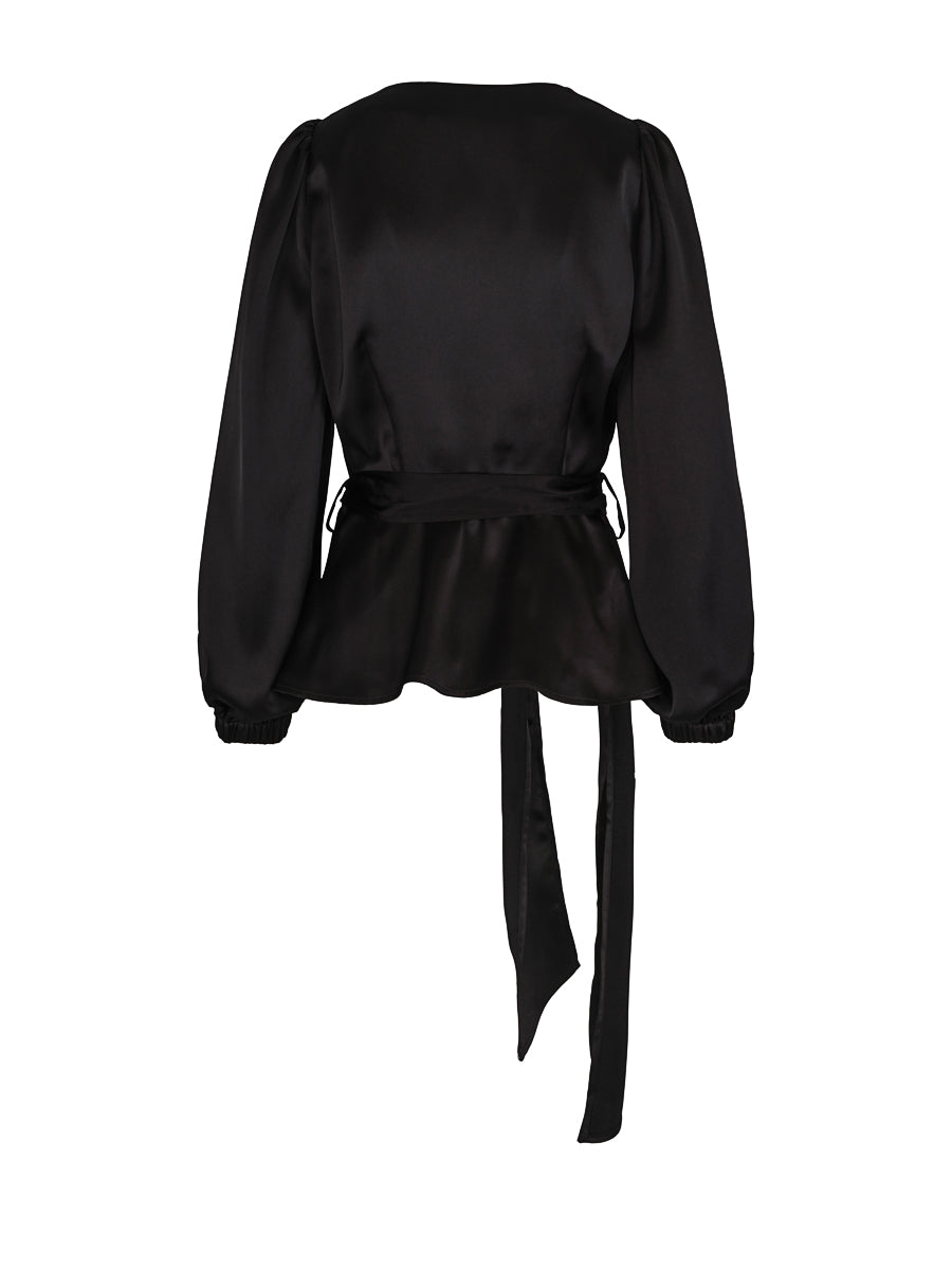 Satin belt blouse Black