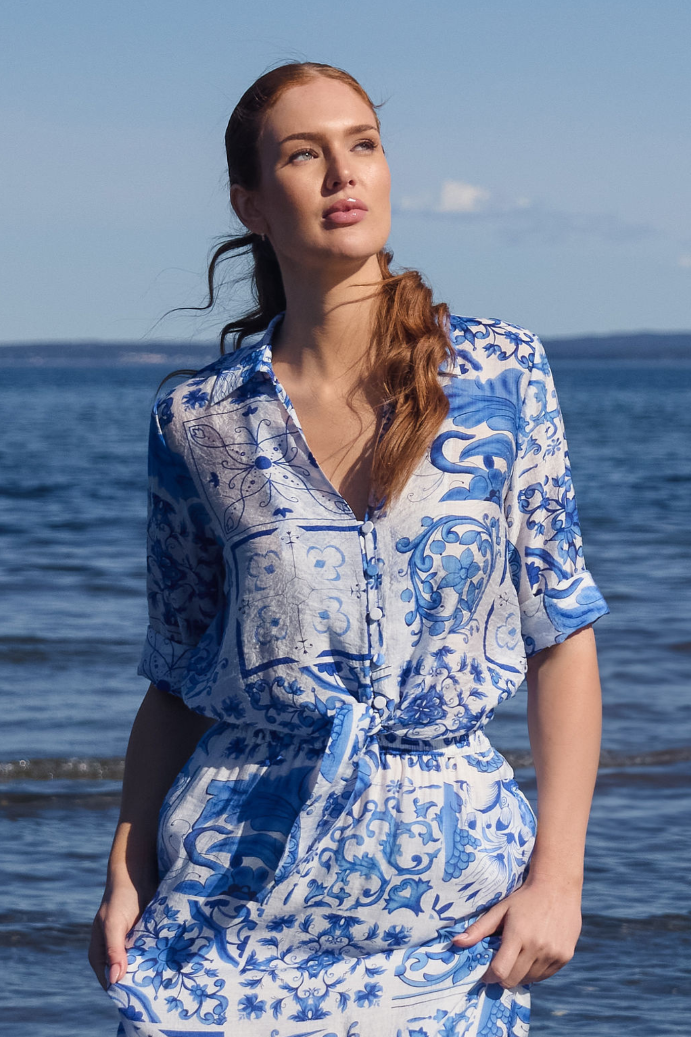 Casual printed tie shirt Blå