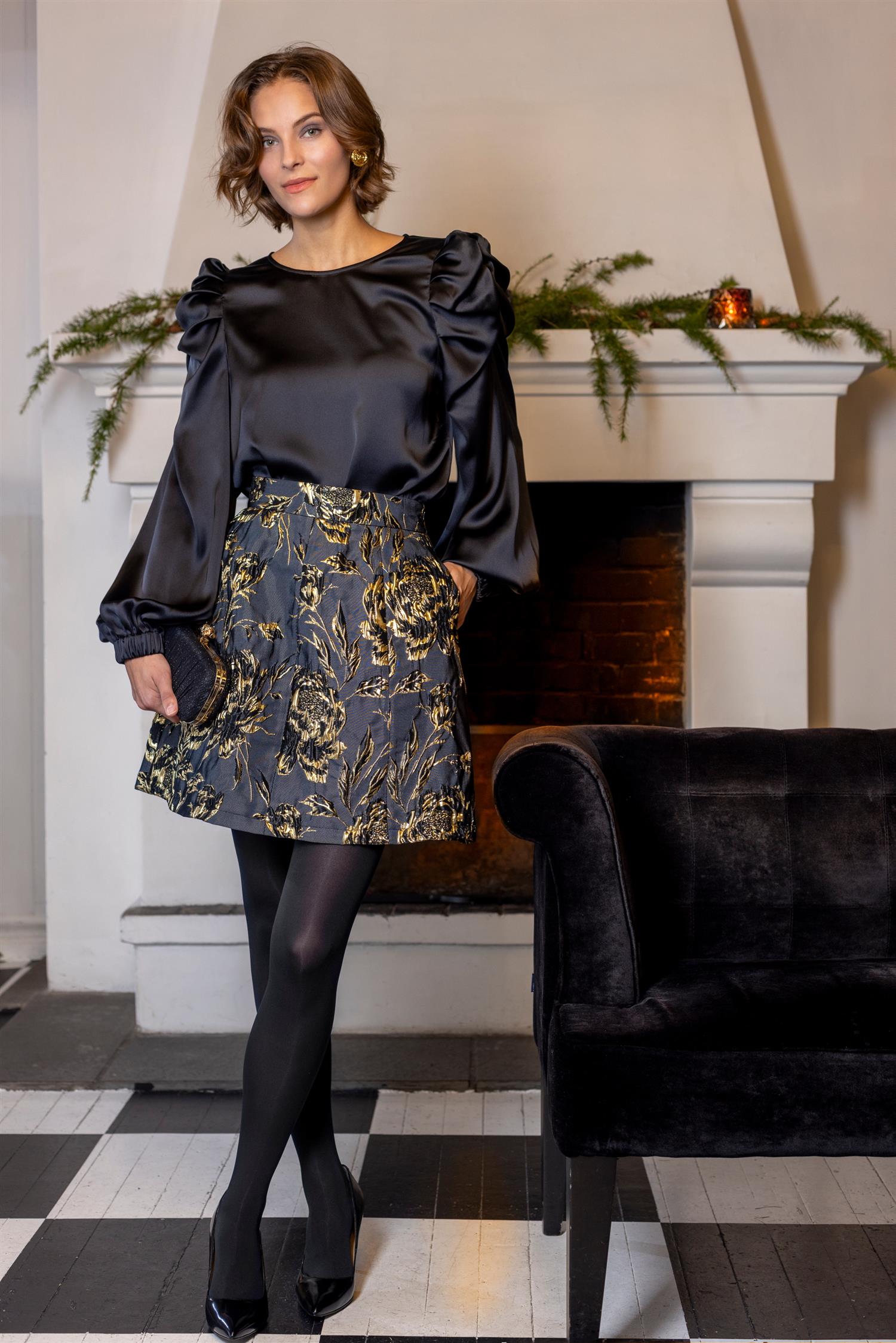 Jacquard wide skirt Black/Flower