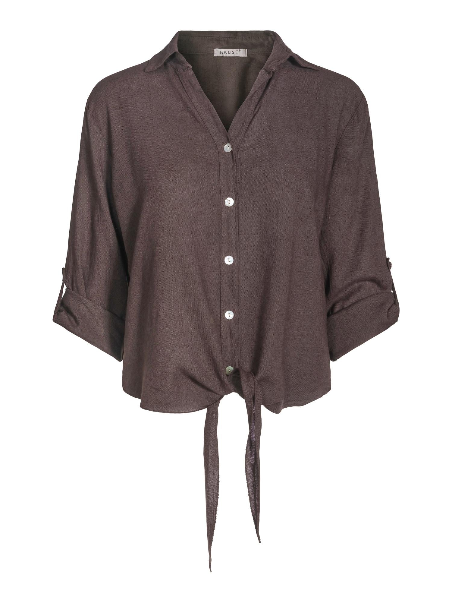 Tie linen shirt Mørkebrun