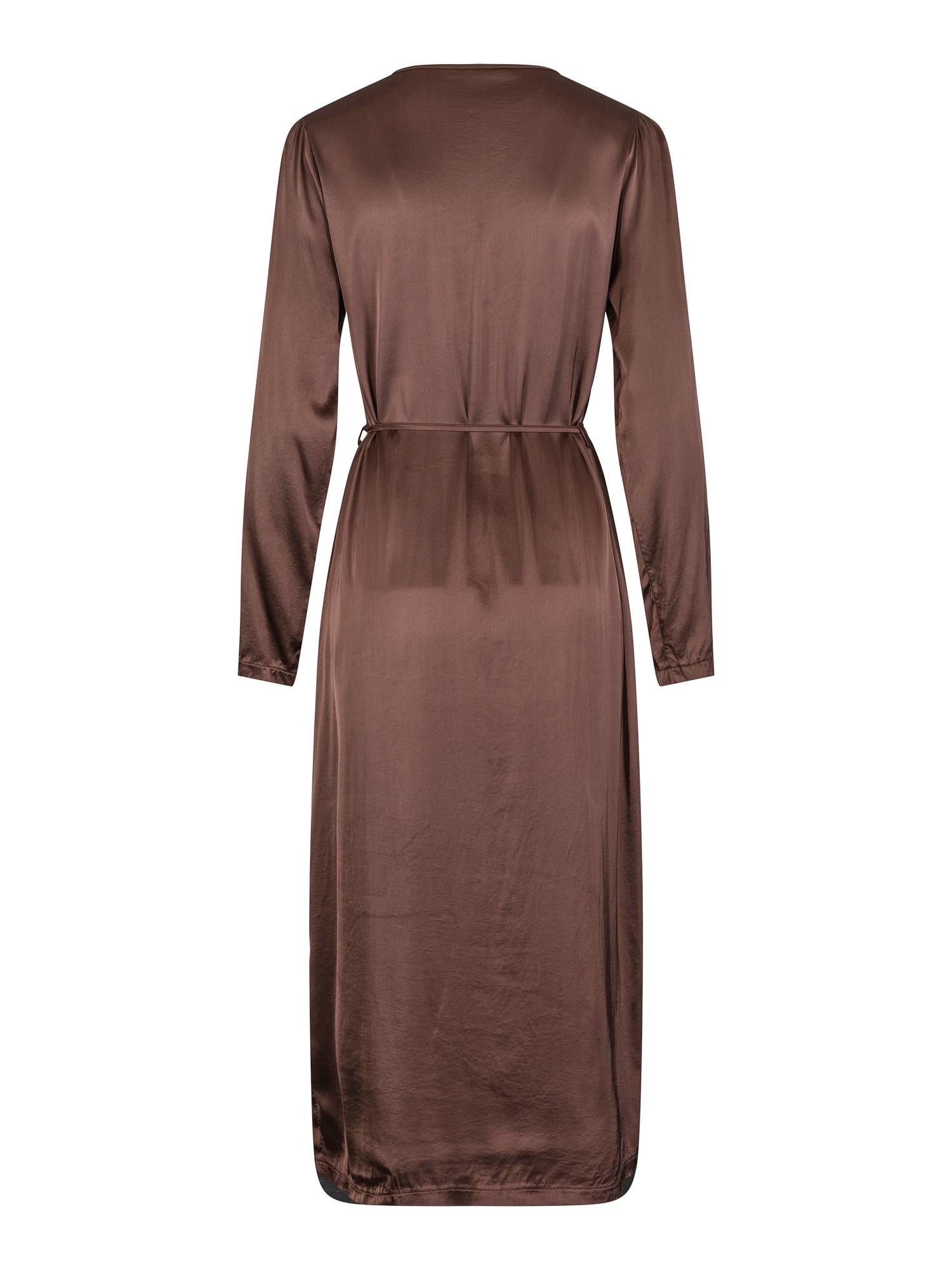 Casual long stretch satin dress Mørkebrun