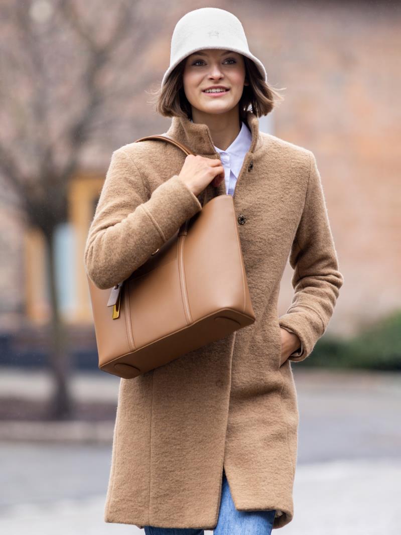 High collar boucle coat Camel