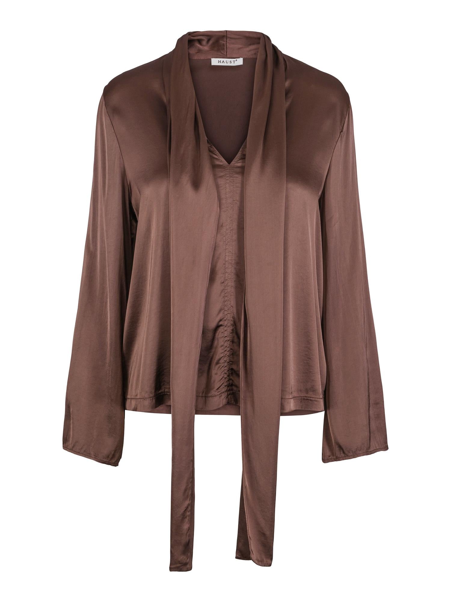 Tie satin stretch blouse Mørkebrun
