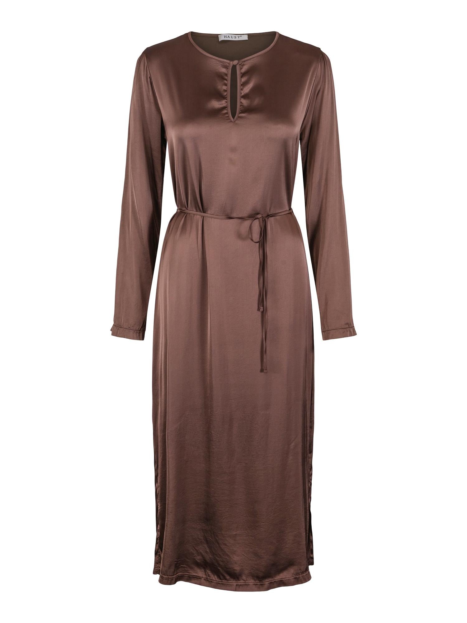 Casual long stretch satin dress Mørkebrun