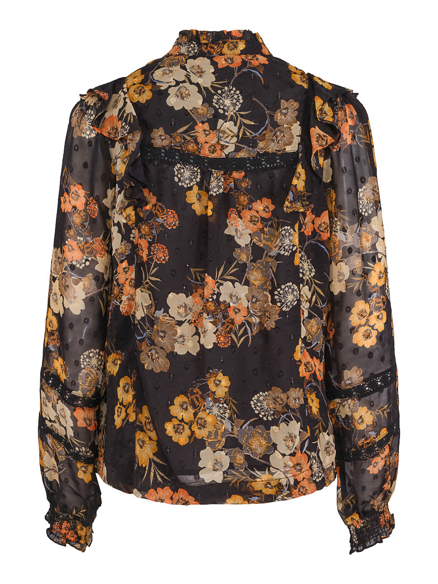 Detailed ribbon blouse Dotted Black-Flower