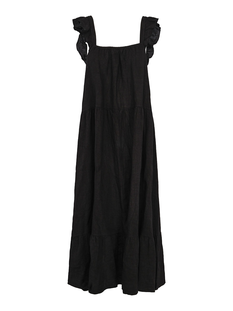 Long tie detailed linen dress Black